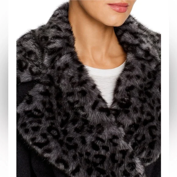 New Via Spiga Leopard Print Faux Fur Collar Wool Belted Wrap Coat Black Grey XS - Picture 3 of 6
